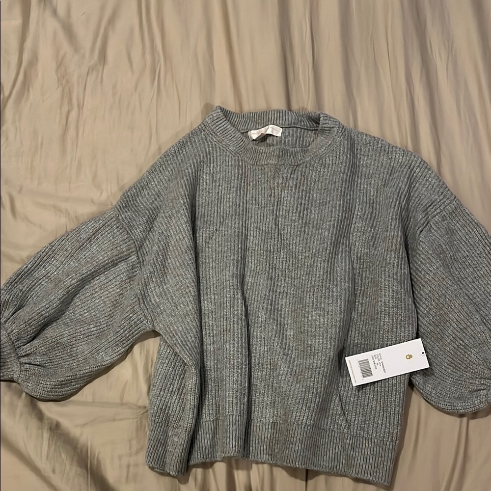 Spiritual Gangster Gray Ribbed Balloon-Sleeve Crew Sweater